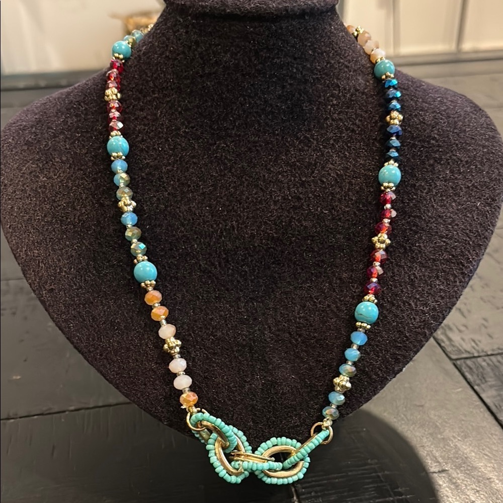 Turquoise Multicolor Iridescent Stretch Beaded Boho Western Necklace